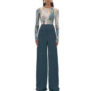 NWT Andrea Iyamah Linea Womens Pleated Wide Leg Peplum Dressy Pants Teal M